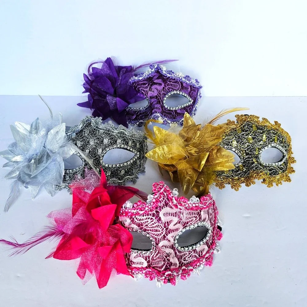 Lot of 4 Venetian Masquerade Masks Lace Rhinestone Feather Floral Costume Party